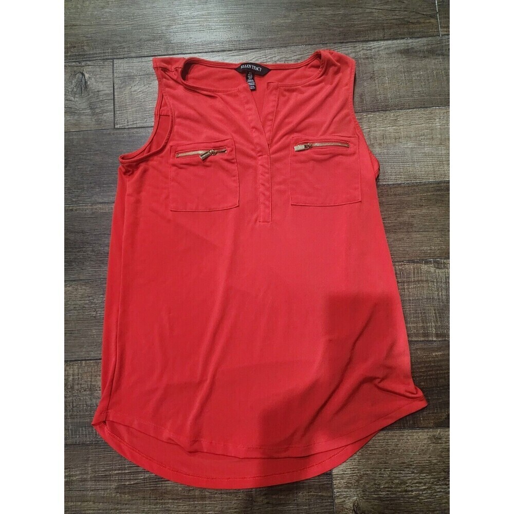 Ellen Tracy Womens Blouse Tank Top Size Small Red 2 Zip Gold Pockets